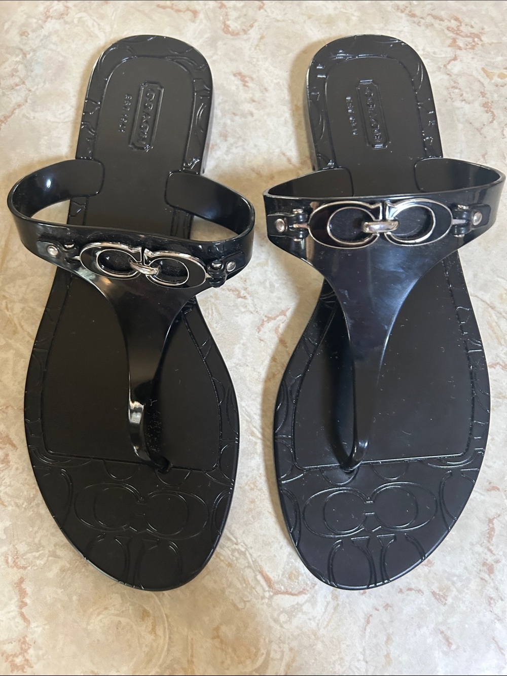 Coach Black Jelly Thong Sandals with Silver Hardware